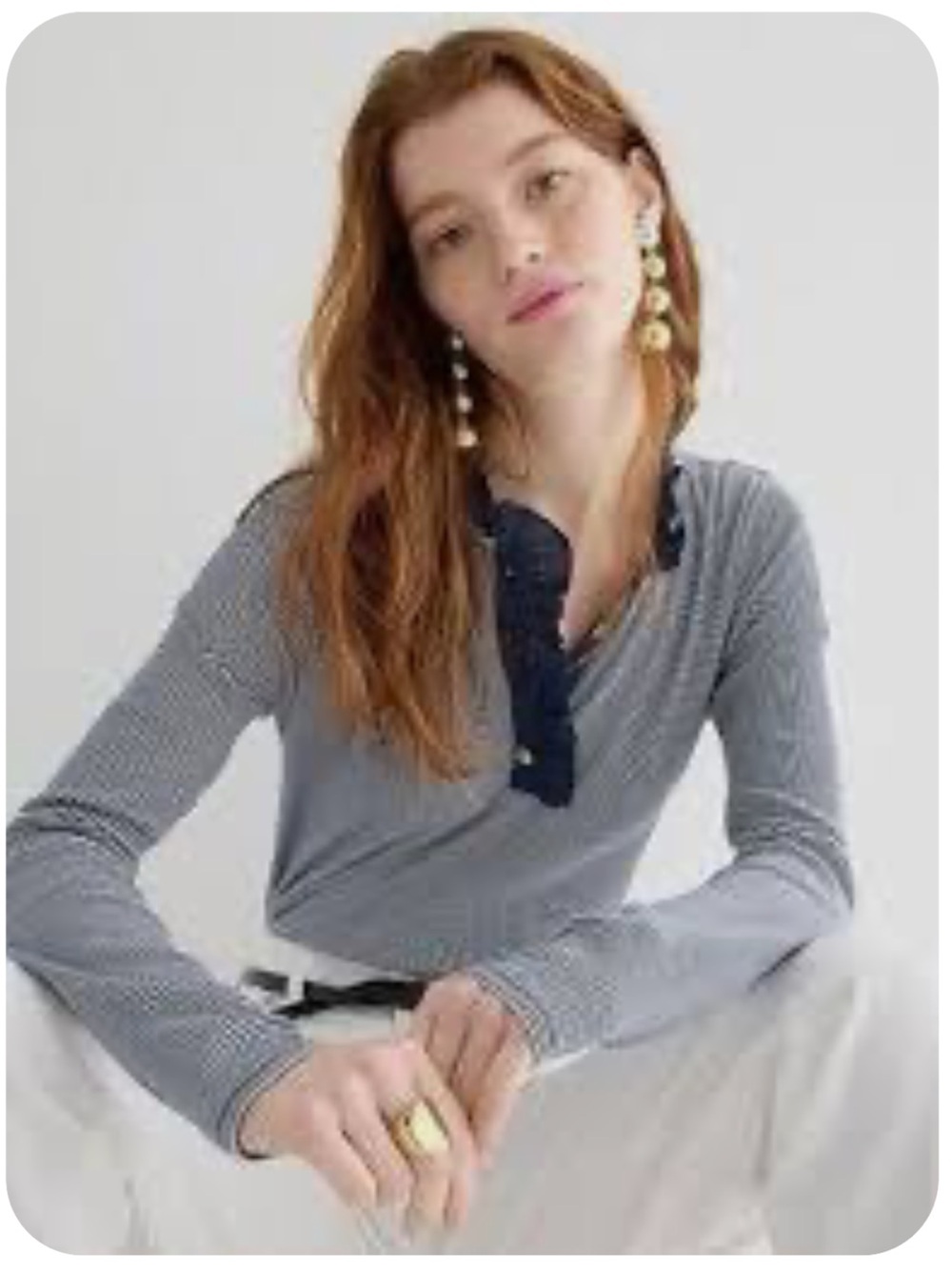 J. Crew Navy and White Micro-Stripe Long-Sleeve V-Neck Top